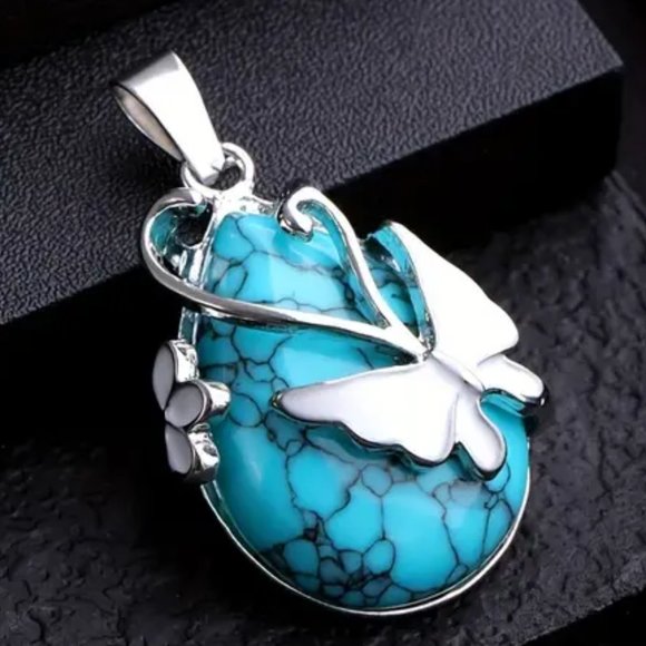 Butterfly Pattern Water Drop Blue Howlite Natural Stone Pendant Necklace - Picture 2 of 2